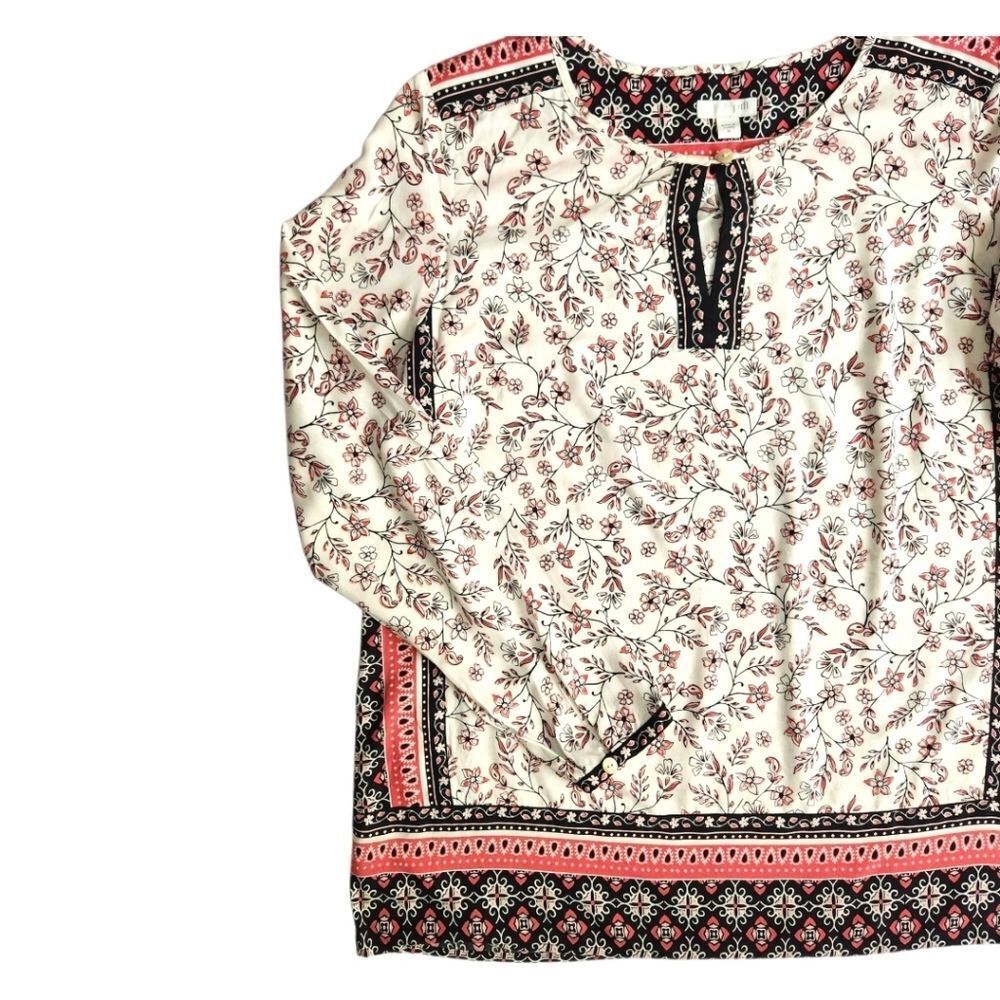 J. Jill Women Tunic Blouse Top Neck Floral White Pink Long Sleeve Size M - Picture 6 of 13